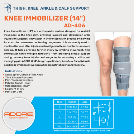 Adore Knee Immobilizer 14 Inch for Ligament Injury, Tibial Fractures & Post-Op Care | AD-406