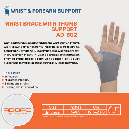 Adore Wrist Brace with Thumb Support for Wrist & Thumb Sprains, Tendonitis | AD-502