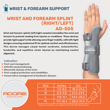 Adore Wrist & Forearm Splint for Post-Cast, Kienbock's Disease & Rheumatic Wrist | AD-505