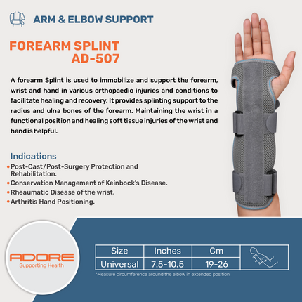 Adore Forearm Splint for Post-Surgery, Kienbock's Disease & Arthritic Hand Positioning | AD-507