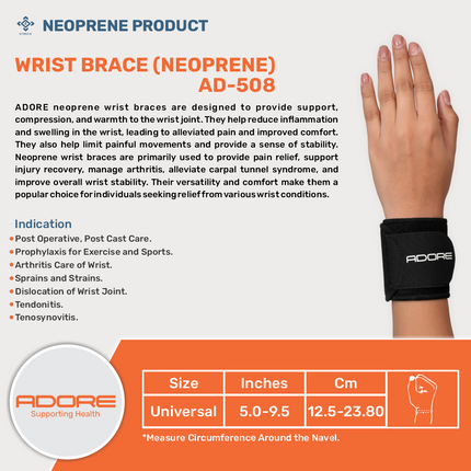 Adore Neoprene Wrist Brace for Tendonitis, Wrist Arthritis & Sports Prophylaxis | AD-508