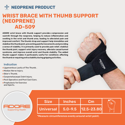Adore Neoprene Wrist Brace With Thumb Support for Skier's Thumb, CMC Injury & Median Nerve | AD-509