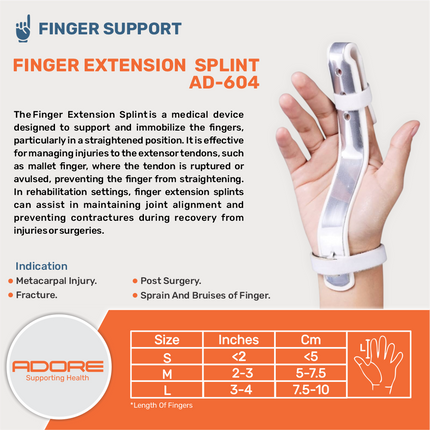 Adore Finger Extension Splint for Metacarpal Injury, Fracture & Post-Surgery | AD-604