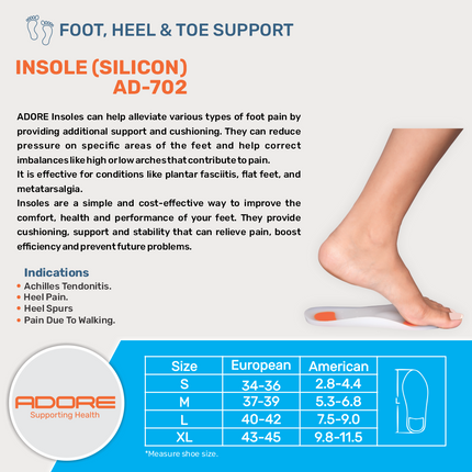 Adore Medical Grade Silicone Insole for Achilles Tendonitis, Heel Pain & Heel Spurs | AD-702