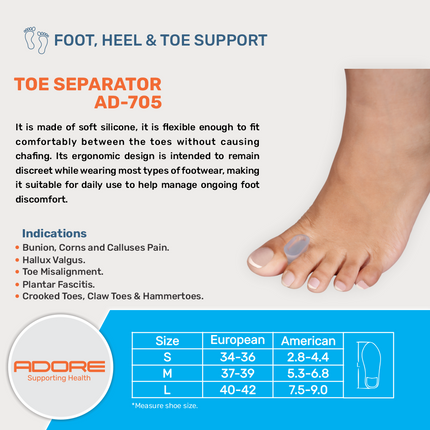 Adore Toe Separator for Bunions, Hallux Valgus, Hammertoes & Plantar Fasciitis | AD-705