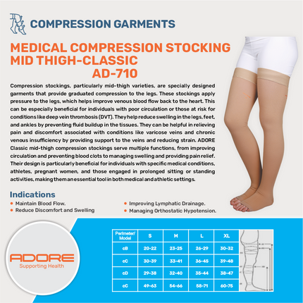 Adore Medical Compression Stocking Mid Thigh Classic for Venous Disease & Lymphatic Drainage | AD-710