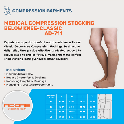 Adore Medical Compression Stocking Below Knee Classic for Venous Disease & Oedema | AD-711